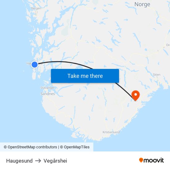 Haugesund to Vegårshei map