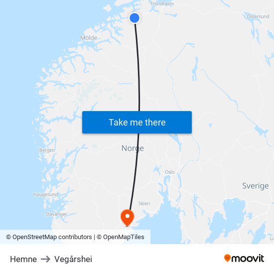 Hemne to Vegårshei map