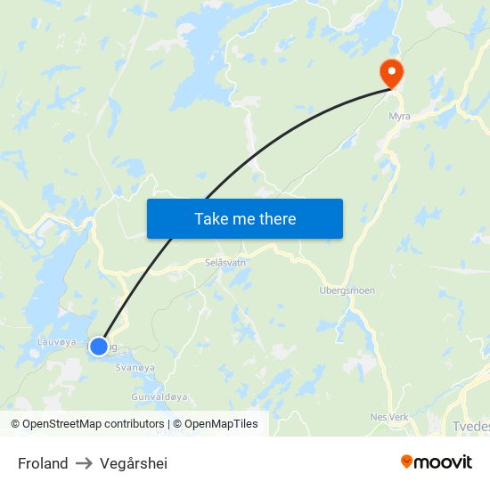 Froland to Vegårshei map