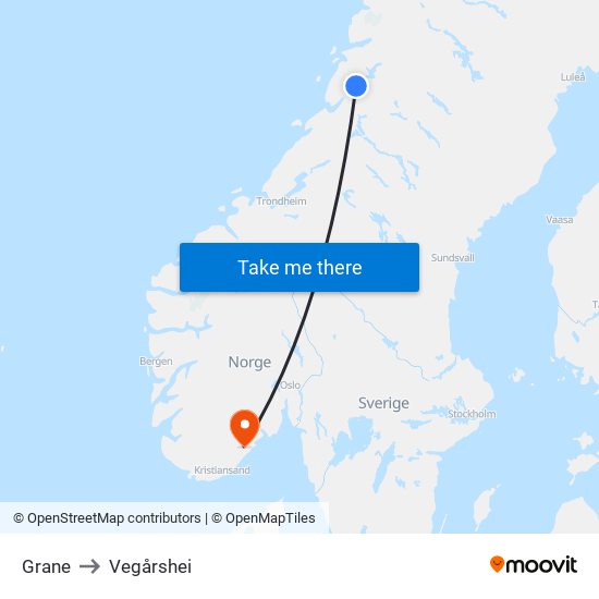 Grane to Vegårshei map