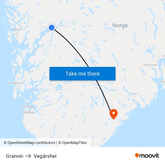 Granvin to Vegårshei map