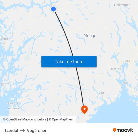 Lærdal to Vegårshei map