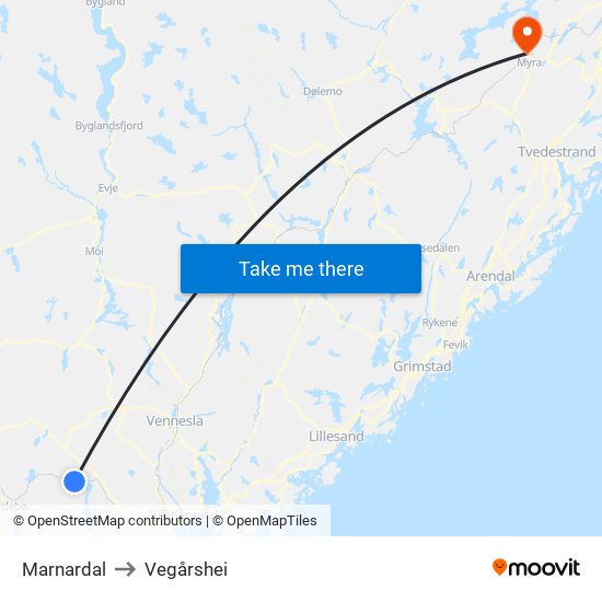 Marnardal to Vegårshei map