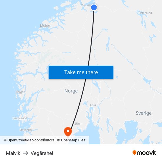 Malvik to Vegårshei map