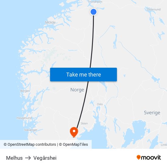 Melhus to Vegårshei map