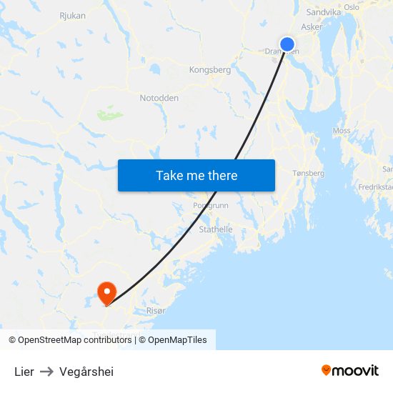 Lier to Vegårshei map