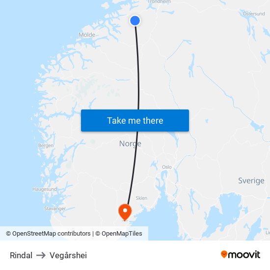 Rindal to Vegårshei map