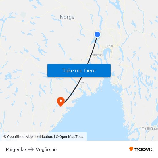 Ringerike to Vegårshei map