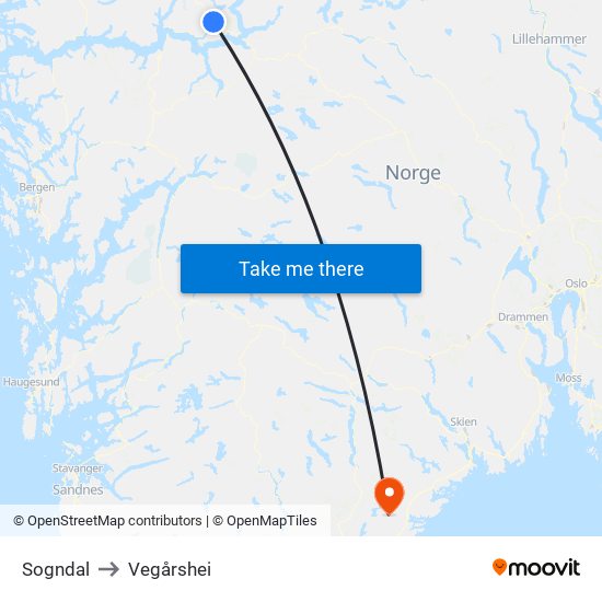 Sogndal to Vegårshei map