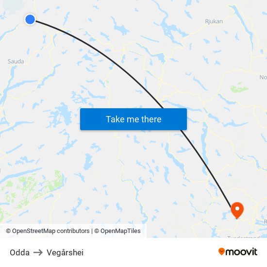 Odda to Vegårshei map