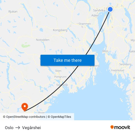 Oslo to Vegårshei map