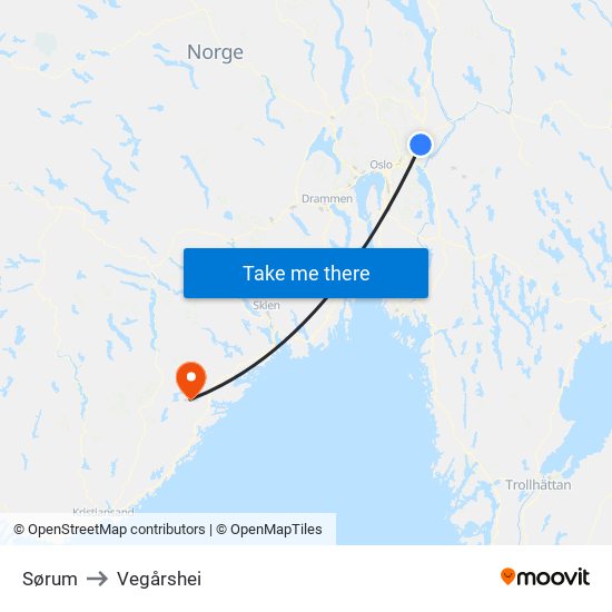 Sørum to Vegårshei map