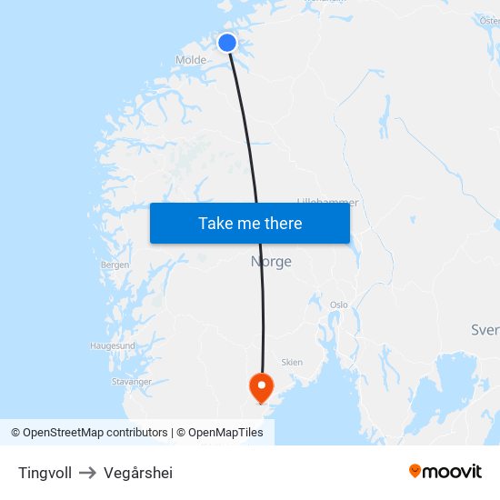 Tingvoll to Vegårshei map