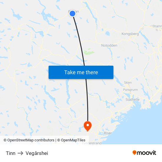 Tinn to Vegårshei map