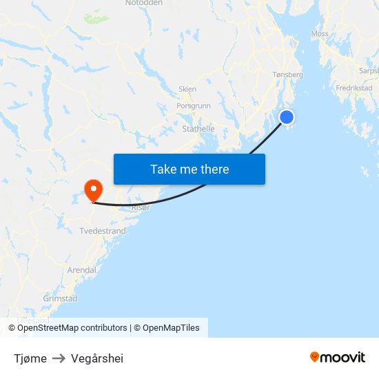 Tjøme to Vegårshei map