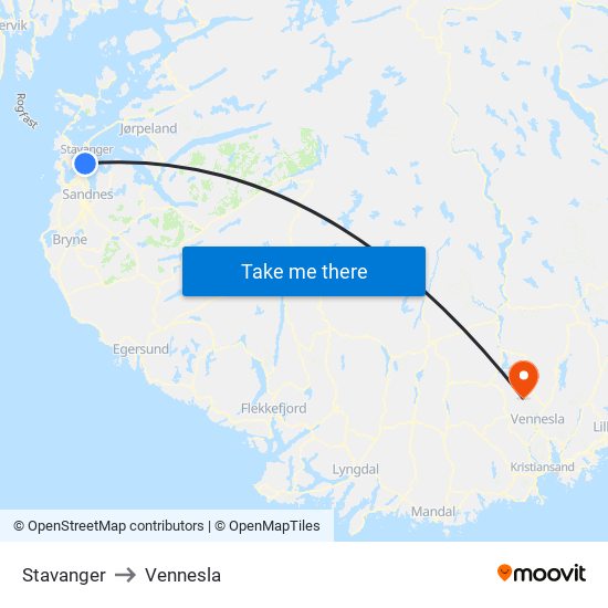 Stavanger to Vennesla map
