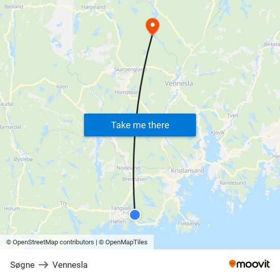Søgne to Vennesla map