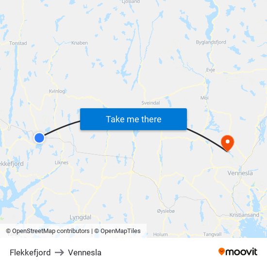 Flekkefjord to Vennesla map