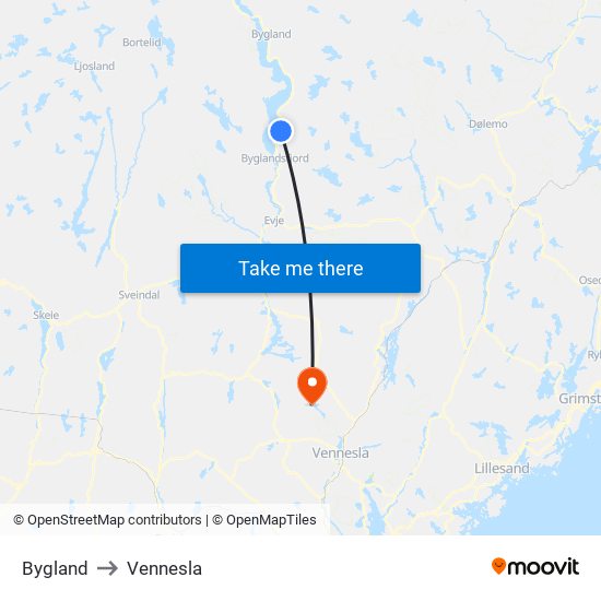 Bygland to Vennesla map