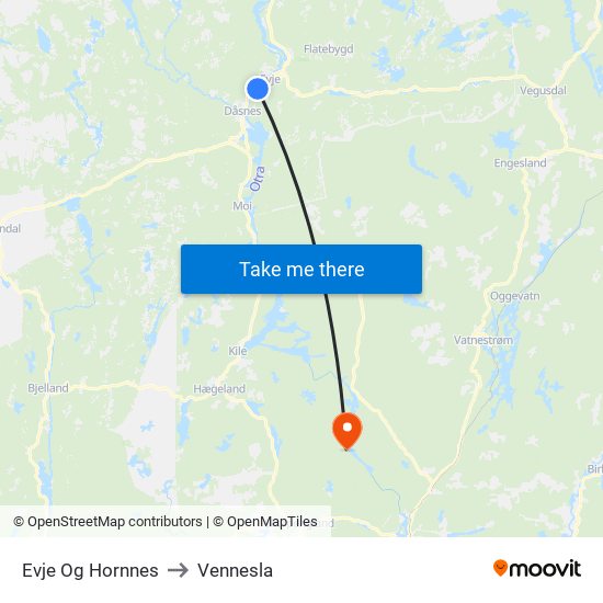 Evje Og Hornnes to Vennesla map