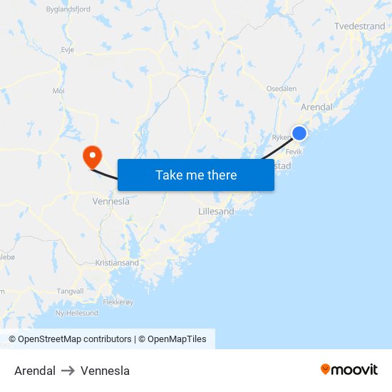 Arendal to Vennesla map