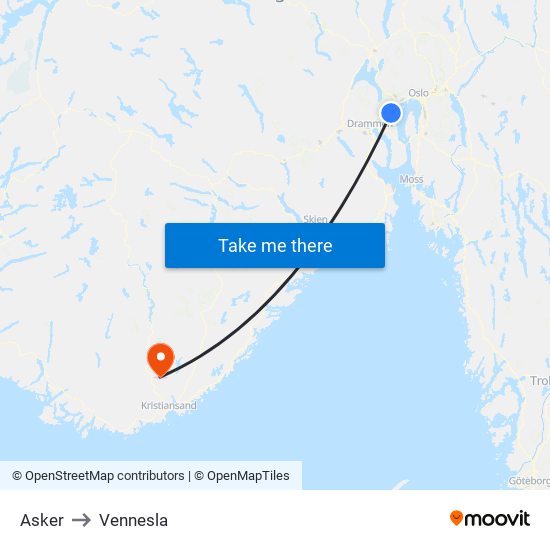 Asker to Vennesla map