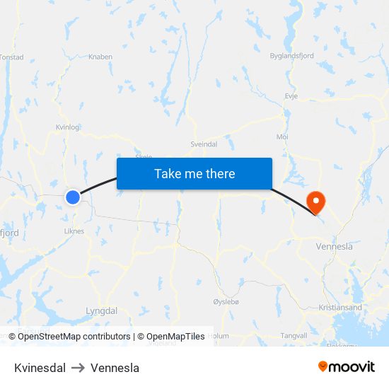 Kvinesdal to Vennesla map