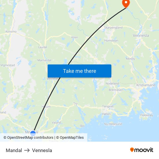 Mandal to Vennesla map