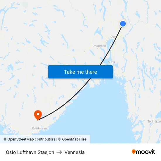 Oslo Lufthavn Stasjon to Vennesla map