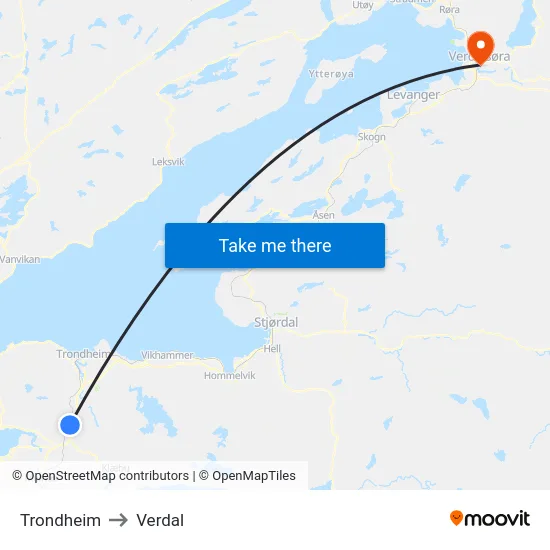 Trondheim to Verdal map