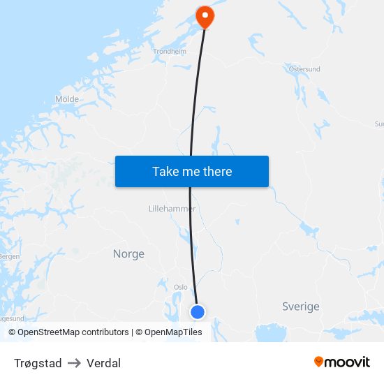 Trøgstad to Verdal map