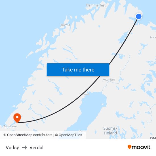 Vadsø to Verdal map