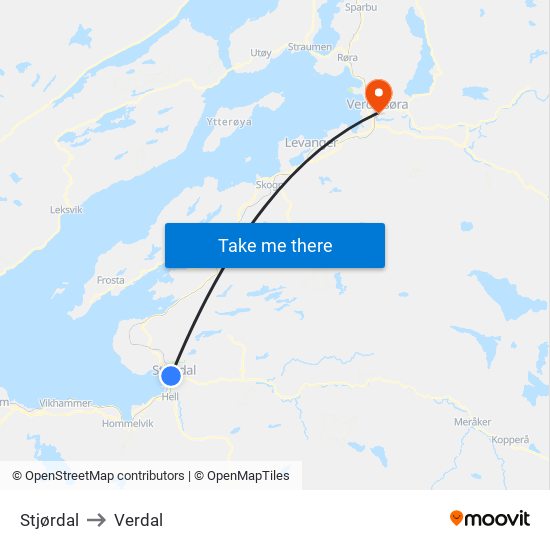 Stjørdal to Verdal map