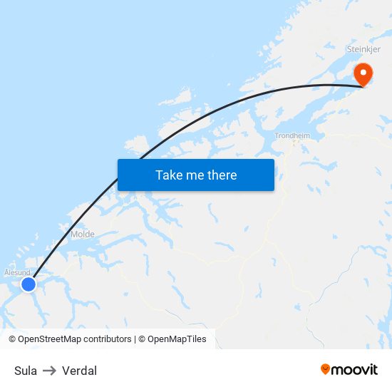 Sula to Verdal map