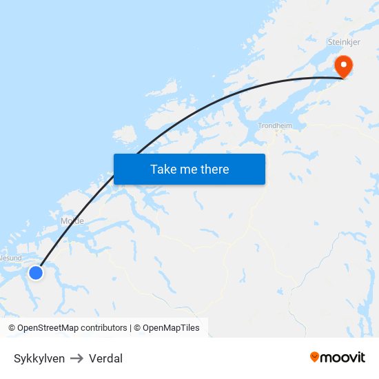 Sykkylven to Verdal map