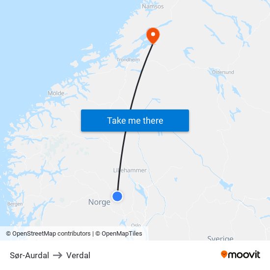 Sør-Aurdal to Verdal map