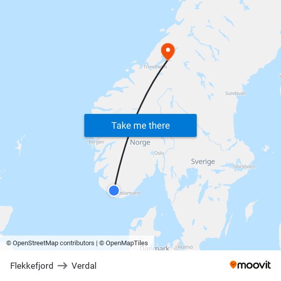 Flekkefjord to Verdal map