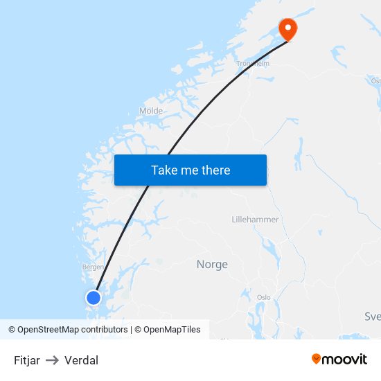 Fitjar to Verdal map