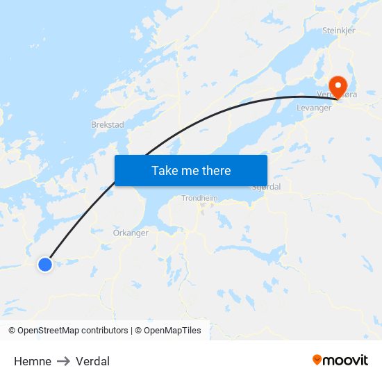 Hemne to Verdal map