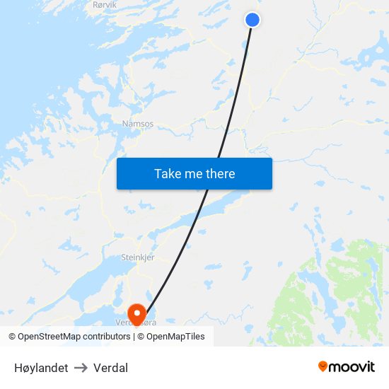 Høylandet to Verdal map