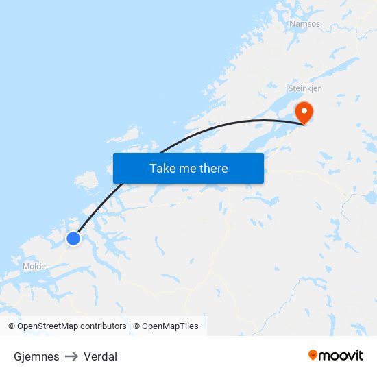 Gjemnes to Verdal map