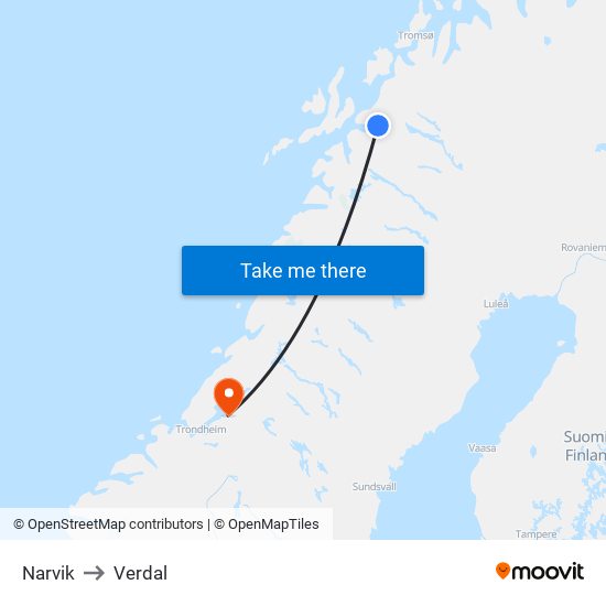 Narvik to Verdal map