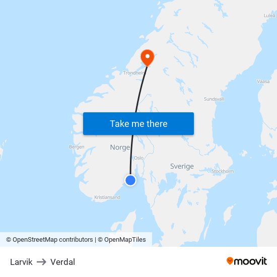 Larvik to Verdal map