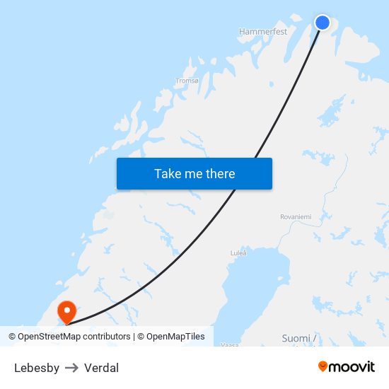 Lebesby to Verdal map