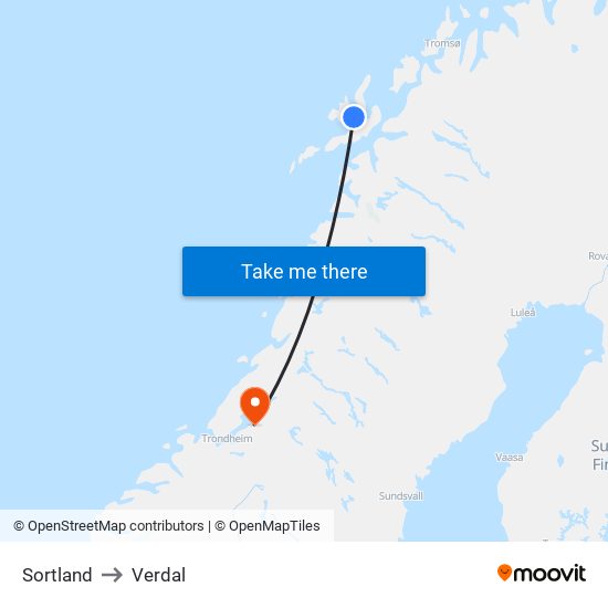 Sortland to Verdal map