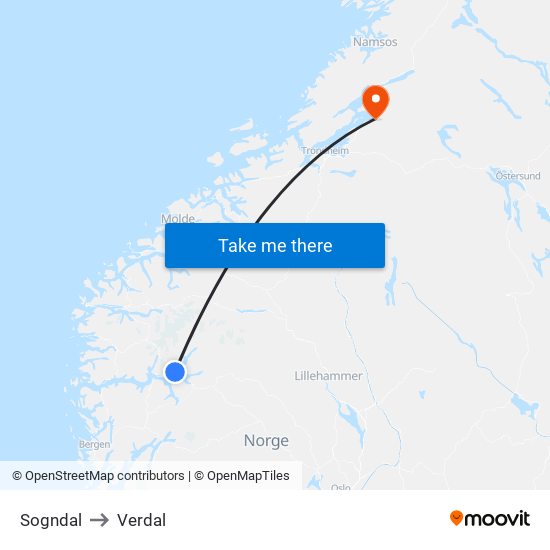 Sogndal to Verdal map