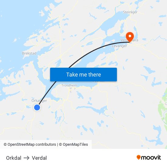 Orkdal to Verdal map