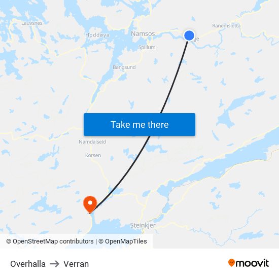 Overhalla to Verran map