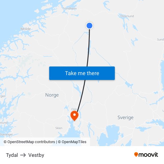 Tydal to Vestby map