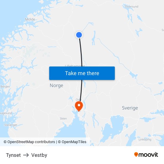 Tynset to Vestby map